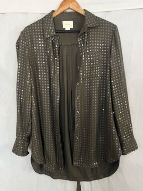 Anthropologie Maeve Olive Green Button Down Sequin Shirt Size XS
